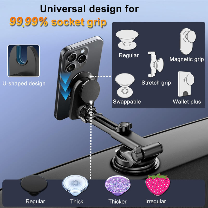 Car Mount for Pop Socket, Dashboard Windshield Car Phone Holder Compatible with Popsocket, Powerful Suction Cup Car Phone Mount Fits All Smartphones with Pop Grip