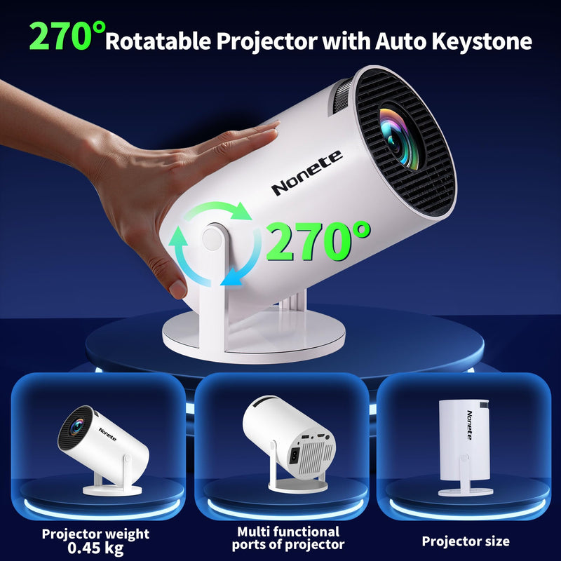 【Built-in Apps】Mini Projector 1080P, 4K Projector Full HD with WIFI 6 and Bluetooth 5.2, Support 270° Rotatable Portable Projector with Auto Keystone Correction,Compatible with Phone/HDMI/USB-White Whtie-Snow