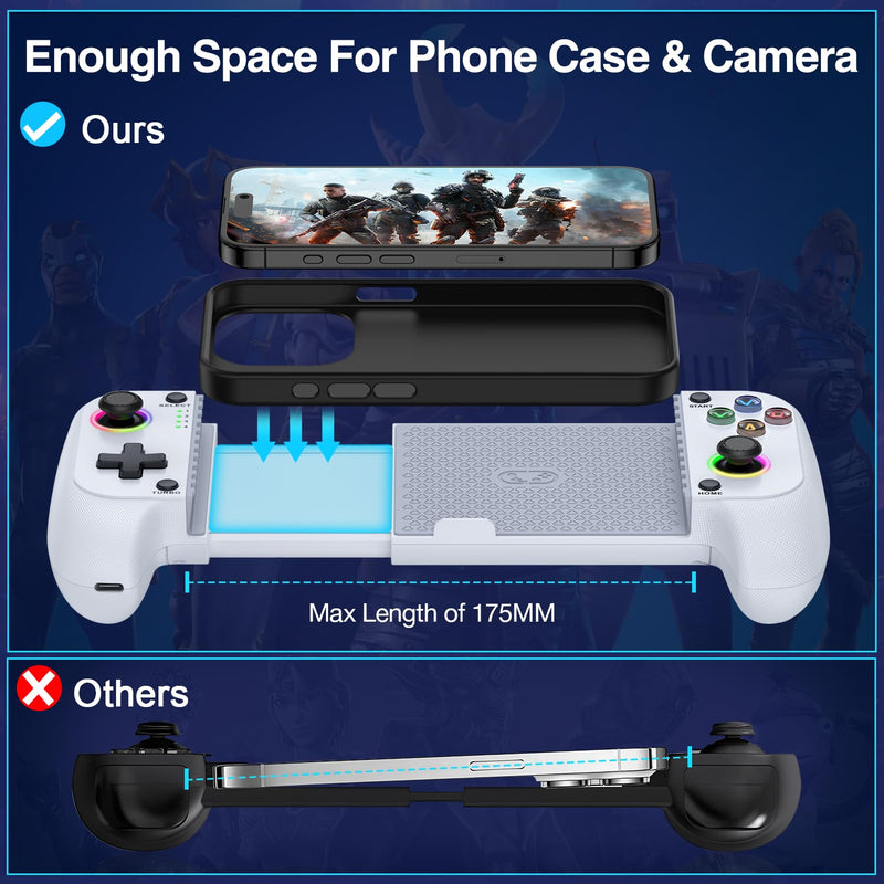 Phone Controller for iphone/Android with Hall Effect Joystick,Upgraded Retractable Mobile Gaming Controller with Case Support,RGB iphone Controller for Gaming Support PS Remote Play,Xbox Game Pass,Steam Link,Call of Duty,Roblox