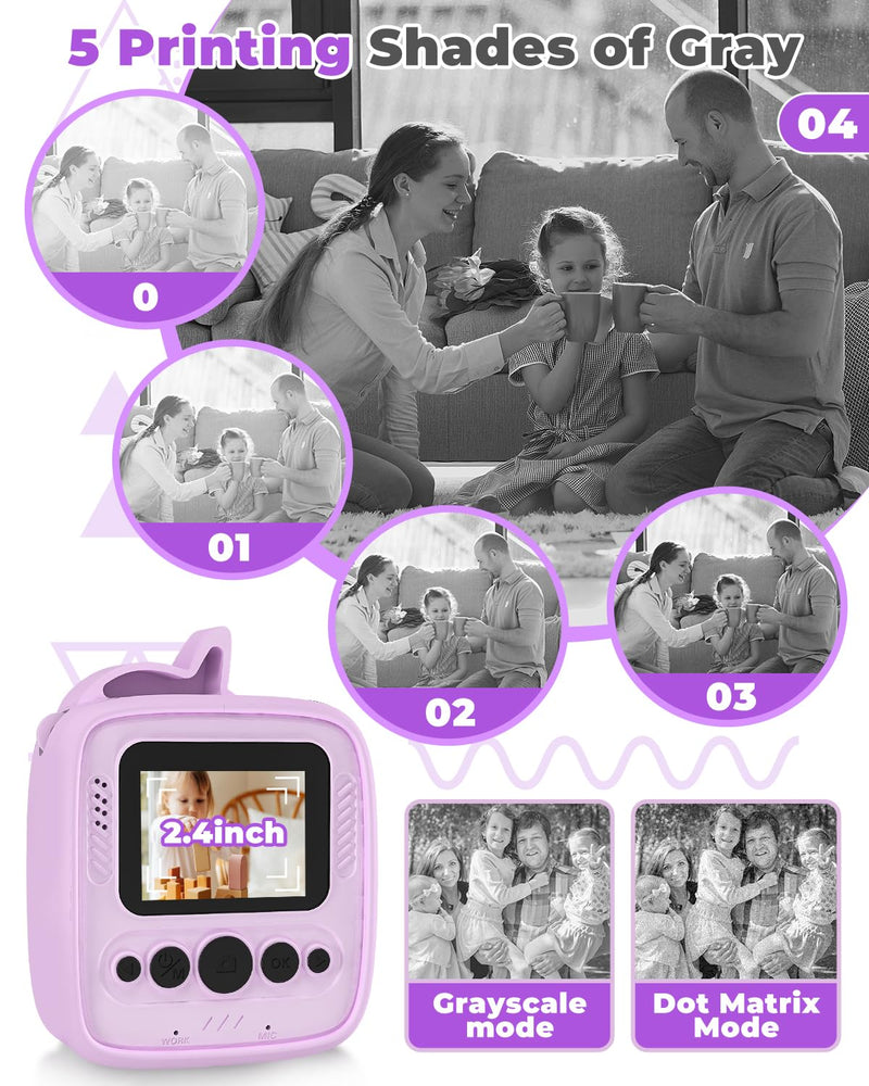 Instant Print Camera for Kids 3-12 Years, Thermal Print Kids Camera Toy is a Surprise Gift for Girls & Boys with 32G SD Card, 48 MP Photo, 1080P Video, 3 Rolls of Photo Paper (Purple) Purple
