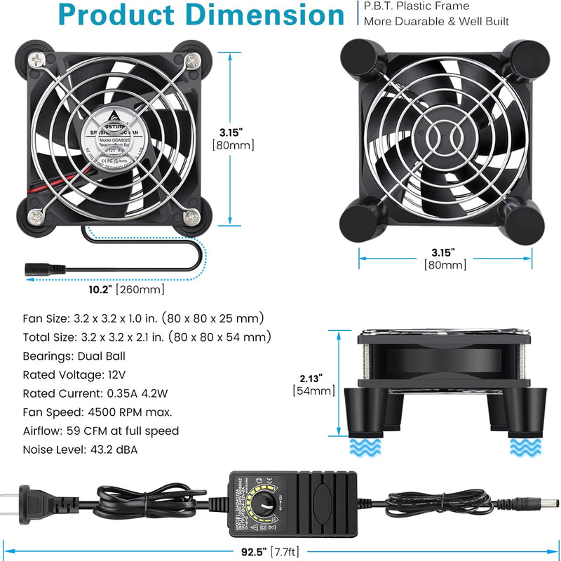 GDSTIME 80mm x 25mm Computer Fan with AC Plug, 100V-240V Variable Speed Controller for Modem Terrarium Router Receiver DVR PlayStation Xbox Component AV Cabinet Cooling 8025 w/ Speed Controller