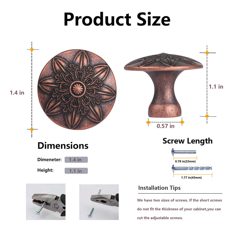 10 Pack Antique Copper Cabinet Knobs,1-2/5" Round Vintage Copper Knobs for Cabinets for Dresser Drawers,Kitchen Cabinet Drawer Knobs and Pulls Retro Copper 10