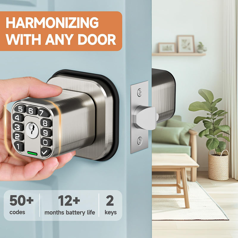 Richelock Square Door Knob with Keypad, Keylees Entry Door Lock with Cylinder, Auto Lock, Waterproof & Weatherproof Code Doorknob for Outdoor & Indoor, Bedroom, Entry Door,Office -Satin Nickel Satin Nickel