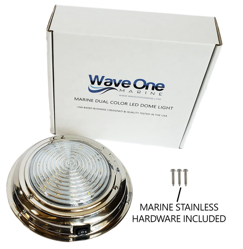 Wave One Marine Dual Color 7" LED Boat Dome Light 12V RV | Stainless Housing | Ceiling Cabin Room Surface Mount | Built In Rocker Toggle Switch (White | Cool Blue) White | Cool Blue