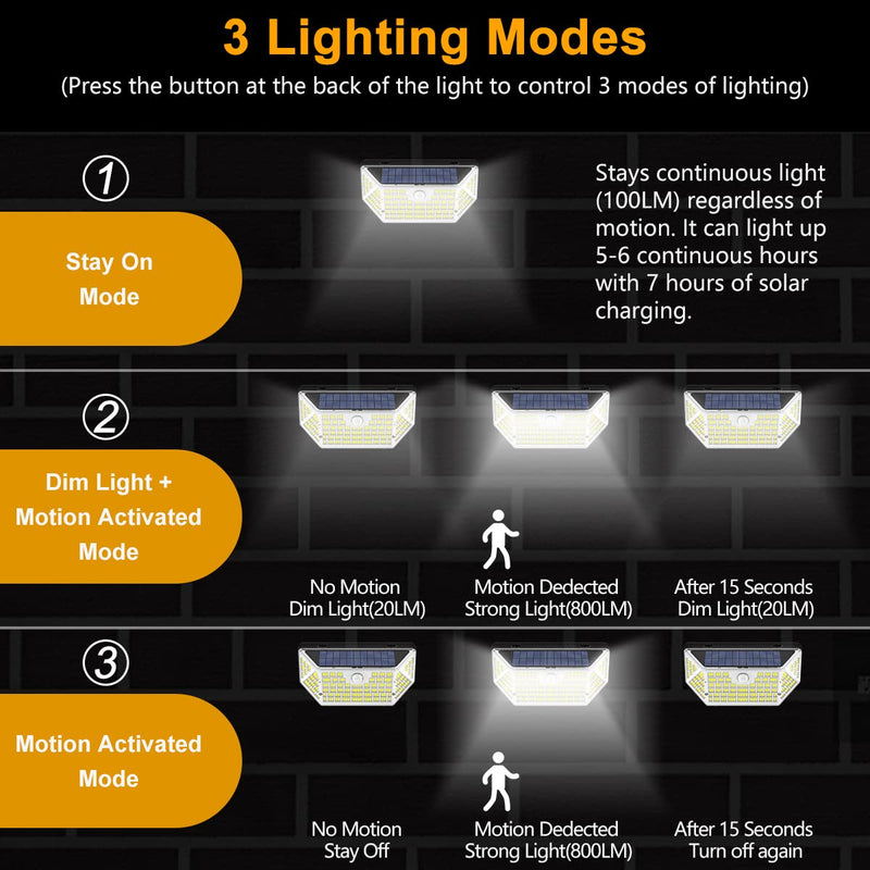 314 LEDs Motion Sensor Outdoor Lights 800LM 6000 K Solar Powered Flood Lights Outdoor IP67 Waterproof with 3 Modes 270° Wide Angle Lighting Security Wall Lights for Outside Yard Garden- 2 Pack