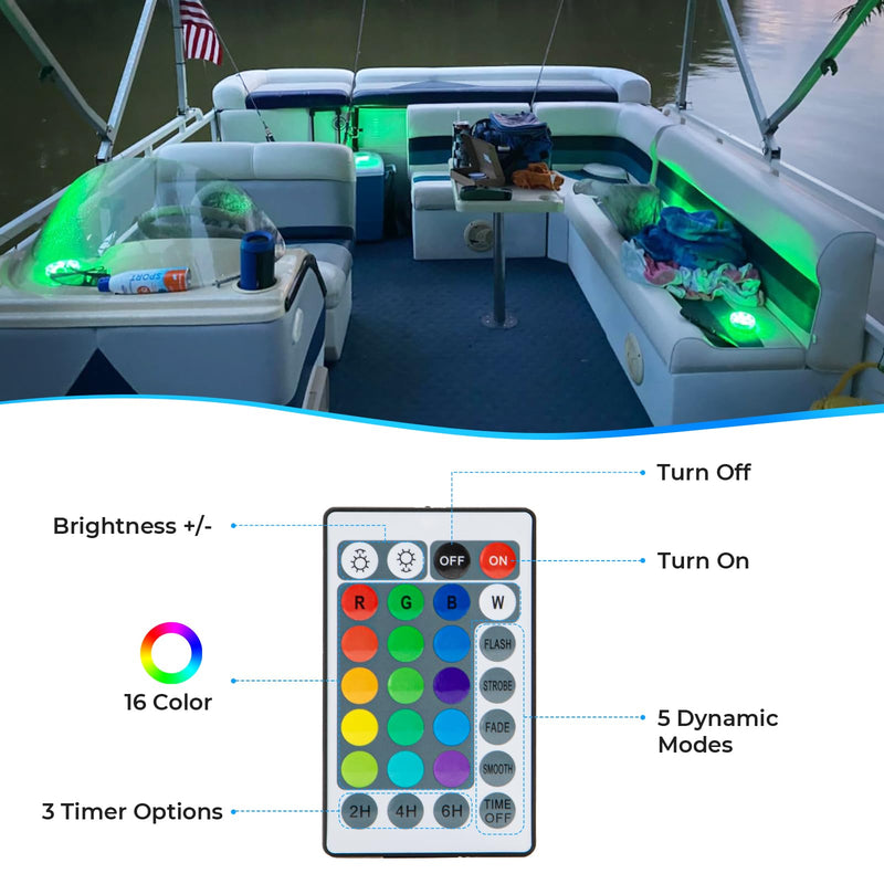 Seaponer Rechargeable Boat Lights - IPX8 Waterproof LED Lights with Remote, RGB Multi 25 Colors, for Deck Courtesy Interior Lights, Fishing Kayak Duck Jon Bass Boat, 4 Pack