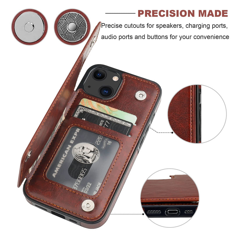 Compatible with iPhone 13 Wallet Case with Card Holder, PU Leather Kickstand Card Slots Case, Double Magnetic Clasp Durable Shockproof Cover 6.1 Inch(Brown) Brown