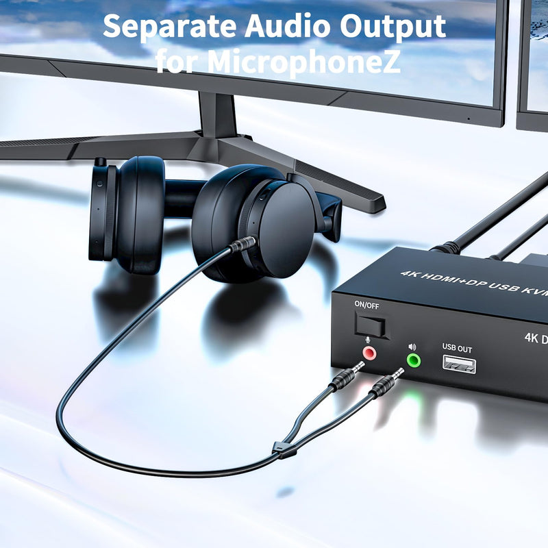 HDMI Displayport KVM Switch 2 Monitors 2 Computers, 4K@60Hz USB 2.0 DP 1.4 KVM Switch w/Audio Micro, Dual Monitor Supports Extended/Mirror Mode, 2-Port for 2 PC Share 1 Set of Keyboard Mouse Printer USB 2.0 2 PC 2 Monitors (HDMI+DP)