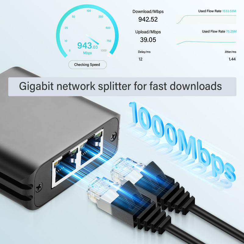 GINTOOYUN RJ45 Ethernet Splitter 1 to 2 Out 1000Mbps High Speed Gigabit Switch Network Splitter Internet Distributor with USB Power Cable for Cat5/5e/6/7/8 Cables (2 Computers at The Same Time)