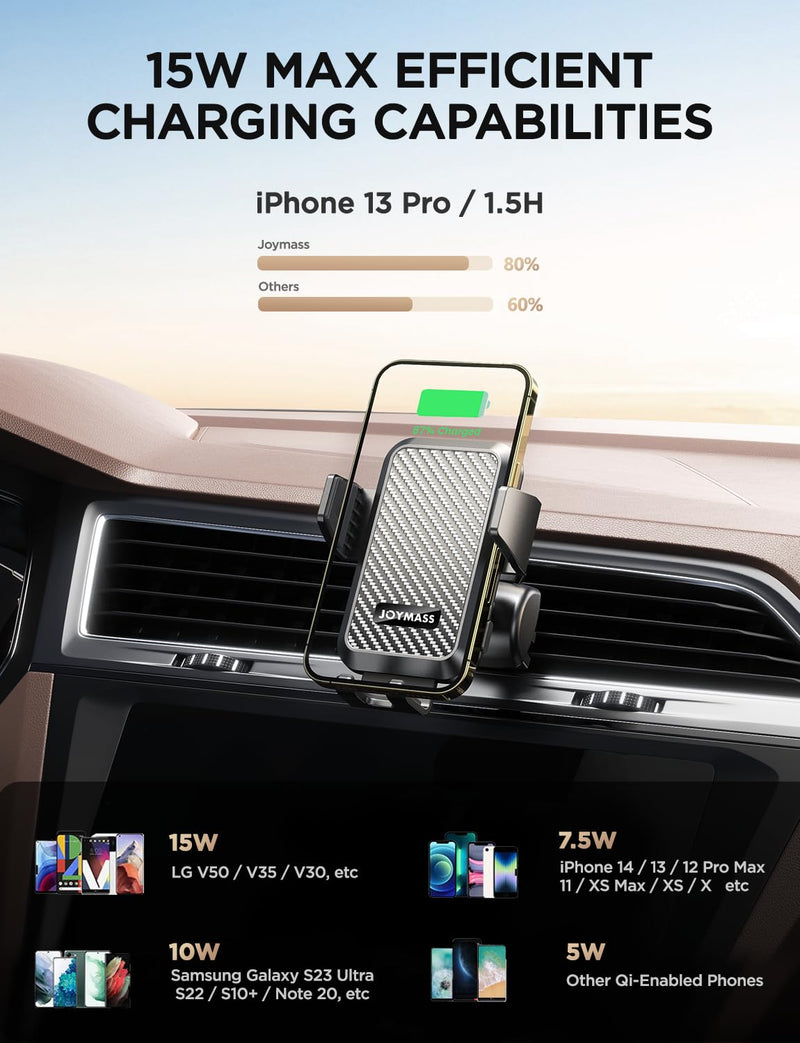 Wireless Car Charger, JOYMASS 15W Fast Charging Auto Clamping Car Charger Cell Phone Holder Mount Vent for iPhone 15 14 13 12 Mini Pro Max 11 XR XS X, Samsung Galaxy S23 Ultra S22 S21+ Note 20, etc BLACK