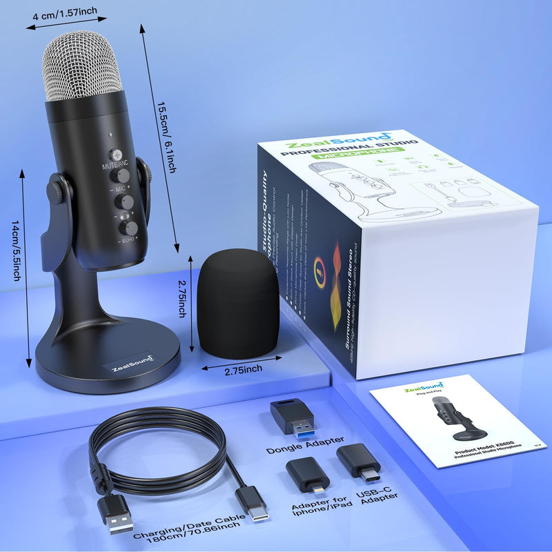ZealSound Wireless Microphone,USB Mic for iPhone PC iPad Android Phone-Cordless Microphones with Mute Echo Monitor Volume Gain & Bluetooth BGM,2.4GHz for Podcast,ASMR,Gaming,YouTube Video/K66 Black