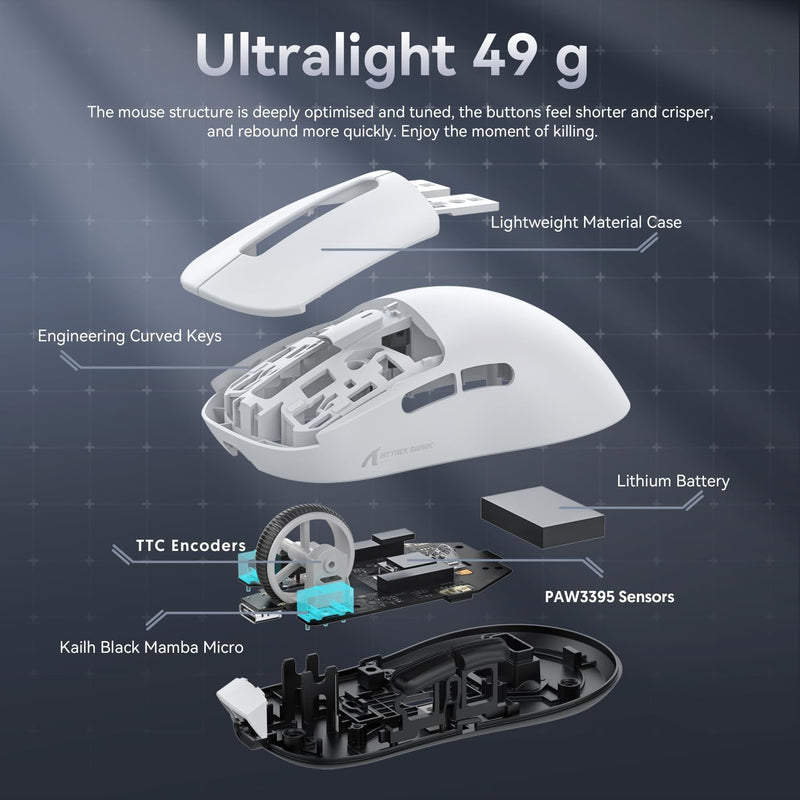 x Attack Shark X3 Wireless Gaming Mouse, 49g Ultralight, PixArt PAW3395 26000 DPI, Bluetooth/2.4Ghz /Wired Tri-Mode, 200Hrs Rechargeable Battery, Kailh GM8.0 Switch for PC/MAC/Win - White