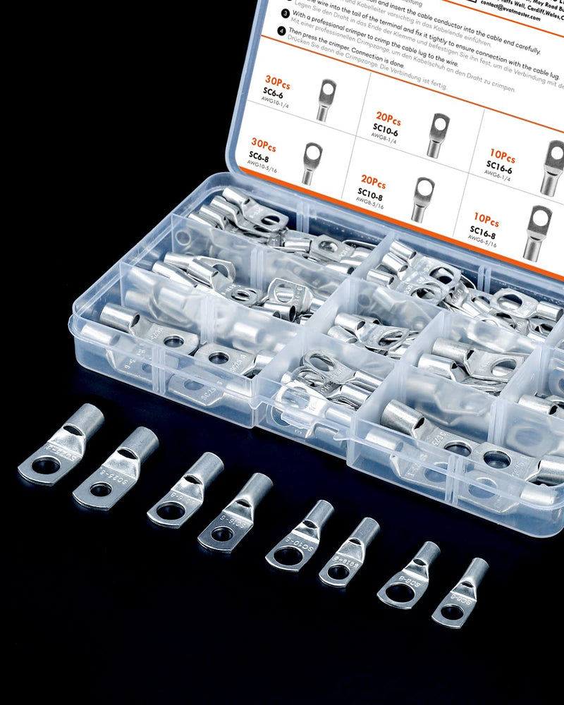 Gorffy cable lugs tubular cable lugs set 130 pieces, cable lugs set 25mm² 16mm² 10mm² 6mm², cable lug assortment for vehicle battery cables, ring cable lugs set M6 M8