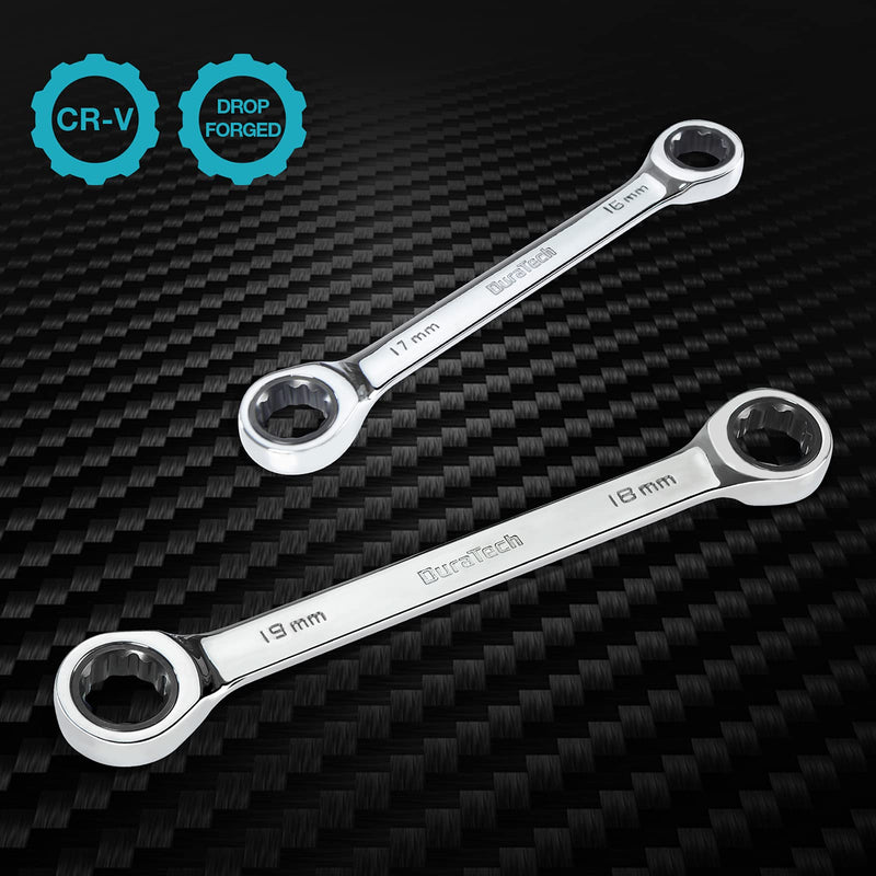 DURATECH Double Box End Ratcheting Wrench Set, Metric, 6-Piece, 8-19mm, CR-V Steel, with Rolling Pouch 6-Piece Wrench Set, Metric, with Rolling Pouch
