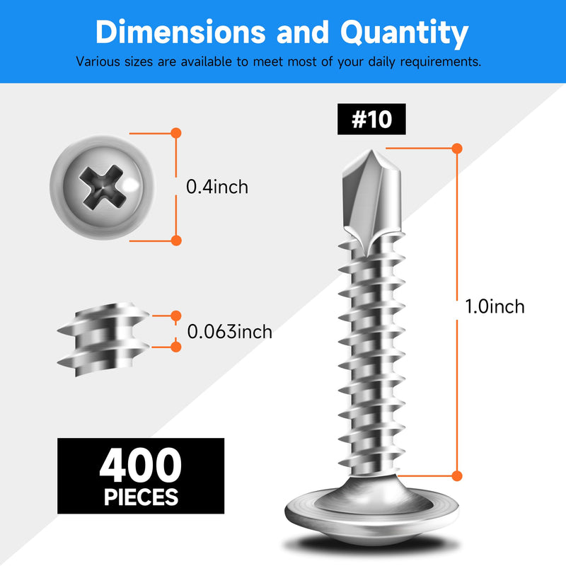400Pcs #10 x 1 Self Tapping Screws for Metal, 410 Stainless Steel, Sheet Metal Screws for Metal, Truss Head Self Drilling Stainless Steel Screws #10×1" SILVER 400
