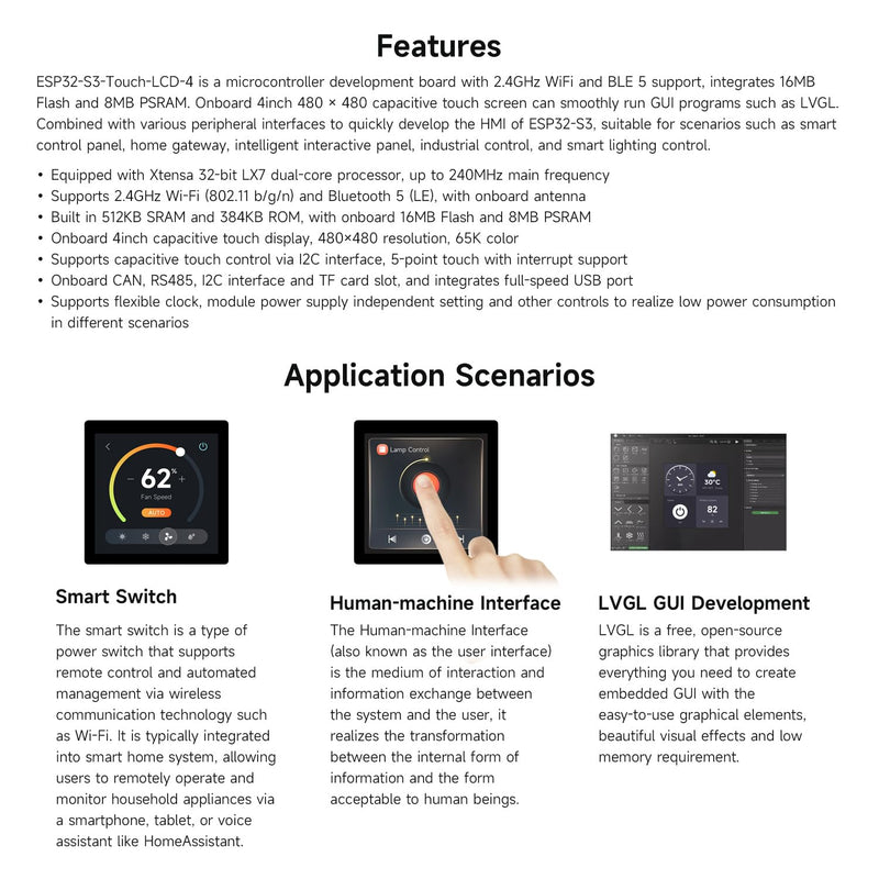 Waveshare ESP32-S3 4inchCapacitive Touch Display, V2 Update Version, 480x480, 5-Point Touch, 32-Bit LX7 Dual-Core, 240MHz, WiFi & Bluetooth, Onboard Antenna