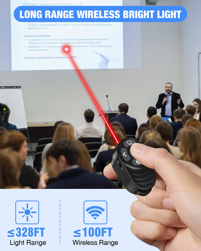 Wireless Finger Ring Presentation Clicker with Laser Pointer & Volume Control - Wearable Slide Advancer Remote for PowerPoint, Mac, Computer, Laptop Red Light-Rechargeable with Finger Ring
