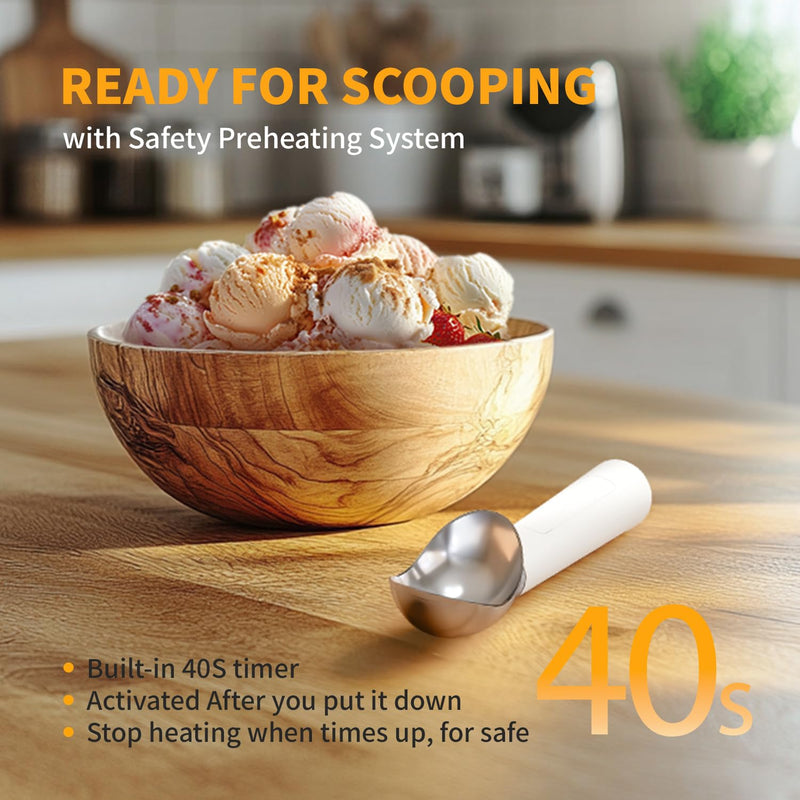 Heated Ice Cream Scoop, Rechargeable Electric Scooper for Hard IceCream, Self Warming Spoon Max to 158℉, Rust-Proof, anti freeze handle, Easy to Clean White 10W