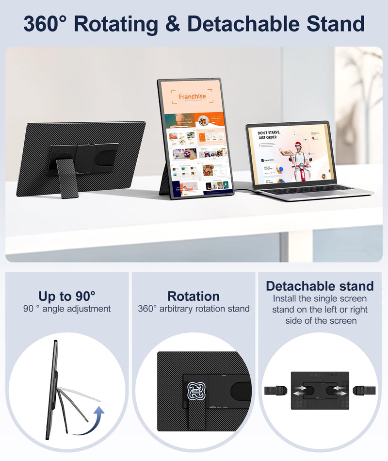 16.1" Portable Monitor, 1200P FHD Laptop Screen Extender, 360° Rotating Detachable Stand, Plug&Play Dual Monitor, Ultra-Thin Zero Frame Portable Screen for Laptop/PC/Mac/Windows/PS5