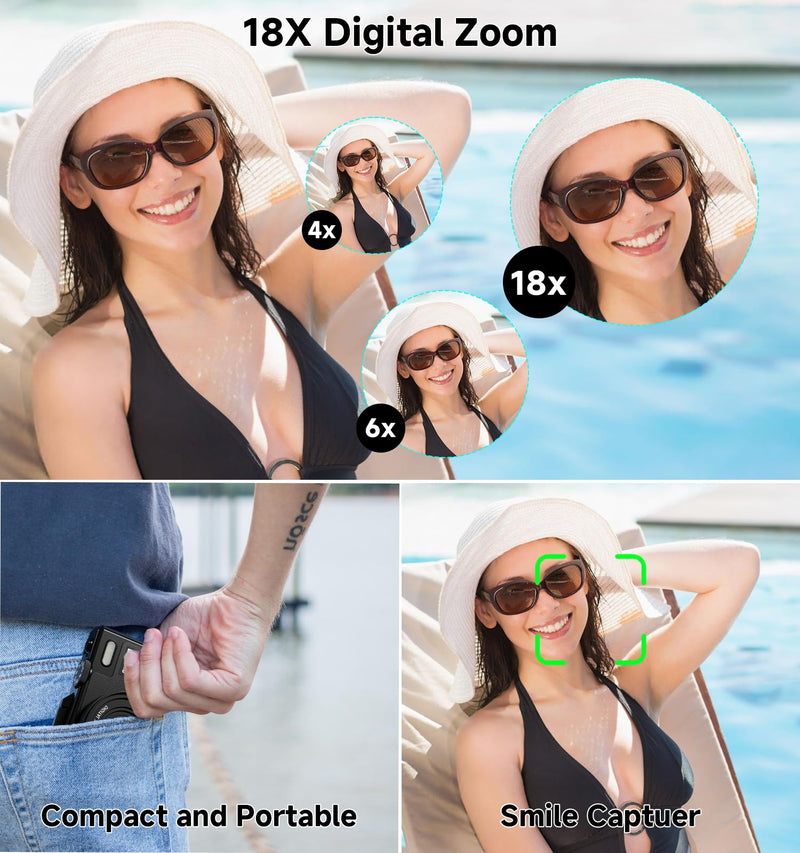 Digital Camera, 5K 80MP Travel Camera for Photography Compact Camera for YouTube with 3" 180° Flip Screen with 18X Zoom Autofocus Vlogging Camera with 64GB SD Card for Teens Beginner (Black) Black