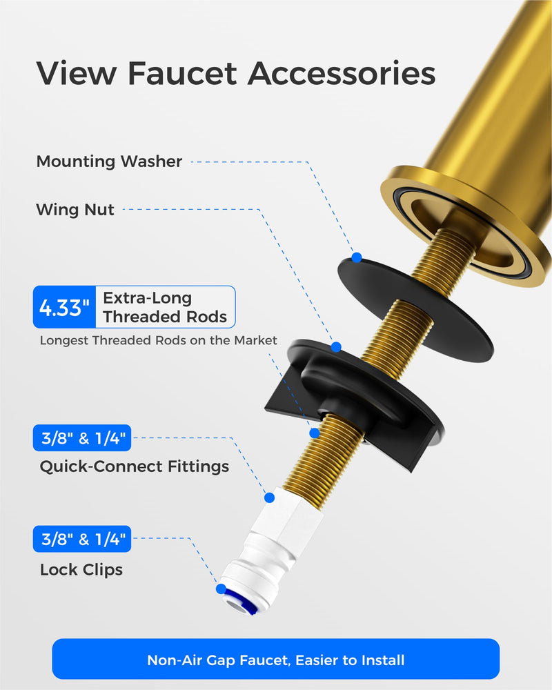 Waterdrop G2FCT-Gold Drinking Water Faucet, Reverse Osmosis Faucet, Water Filter Faucet for Kitchen Bar Sink, Single Handle, Easy to Install, Lead-Free, Stainless Steel, Brushed Gold