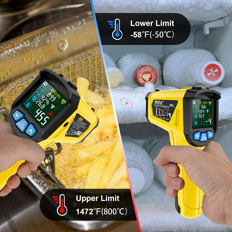 Infrared thermometer laser MESTEK temperature measuring device with K-probe IR pyrometer -50°C to 800°C non-contact color LCD alarm function adjustable emissivity for kitchen