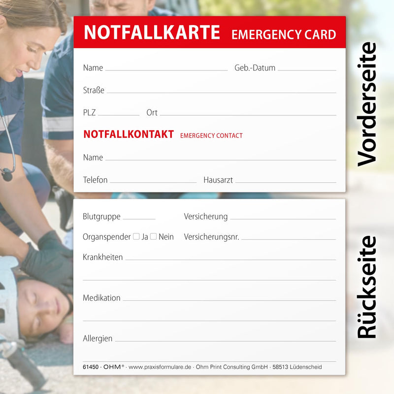 OHM® 10 x Emergency Emergency Card - Credit Card Size | More safety for children and seniors, emergency medical information for first aid such as contact address, etc.