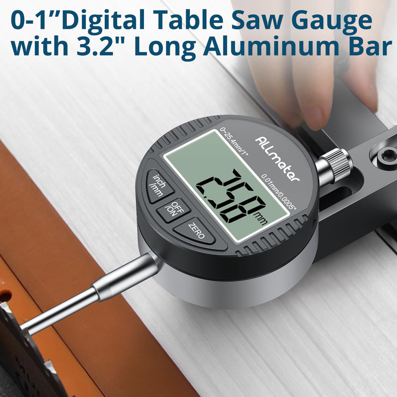 Table Saw Alignment Tool with Digital Dial Indicator,0.0005" Precision Calibration Gauge for Blade,Fence & Arbor Runout,Fast Setup CNC Aluminum Design,Fits Standard 3/4" (19mm) Miter Slots Black 0-1 Inch