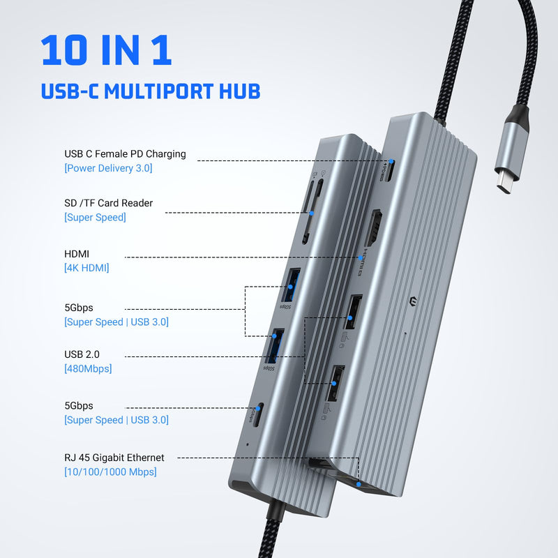 10 in 1 USB C Docking Station, USB C Hub USB C Adapter with 4K HDMI LAN RJ45, USB C 3.0, 100W PD, 2 USB A 3.0, 2 USB 2.0, SD/TF Ports