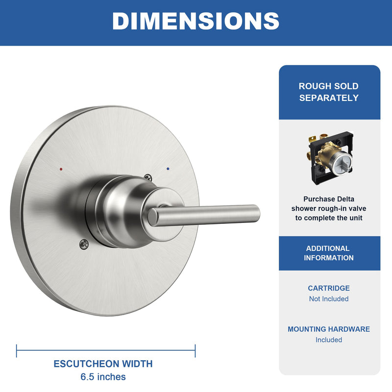 Replacement for D Faucet 14 Series Single-Function Shower Valve Trim Kit, Shower Handle, Brushed Nickel Shower Trim Kit T14059-SS (Cartridge and Valve Not Included) Without Cartridge