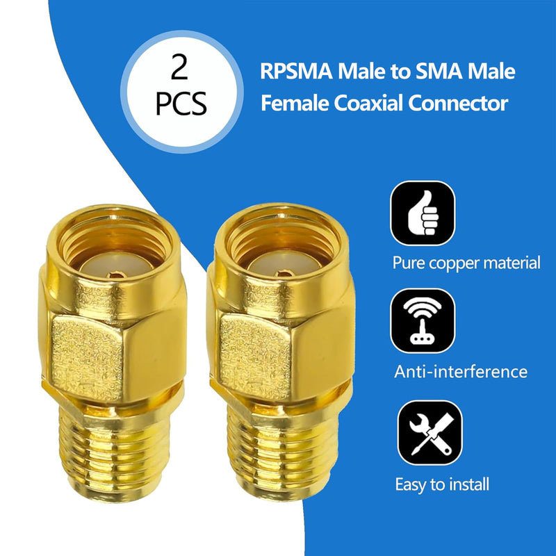 2PCS SMA Coax Connector Cable Gender Changers, SMA Female to RP-SMA Male Coax Adapter Low Loss Coaxial Connector for Radio Antenna, Audio Gold