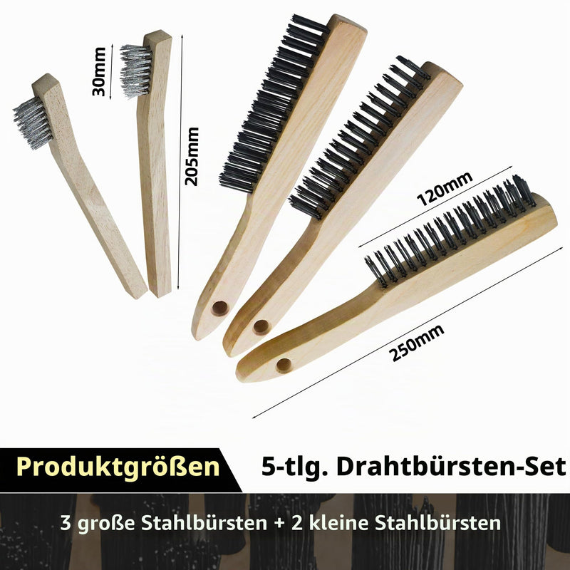 5-Piece Hand Wire Brush Set, Wire Brushes with Wooden Handle, 3 x Large Steel Brush 250 mm, 2 x Small Stainless Steel Brush 205 mm, Metal Brush Hand Wire Brush Set for Metal, Wood, Grill