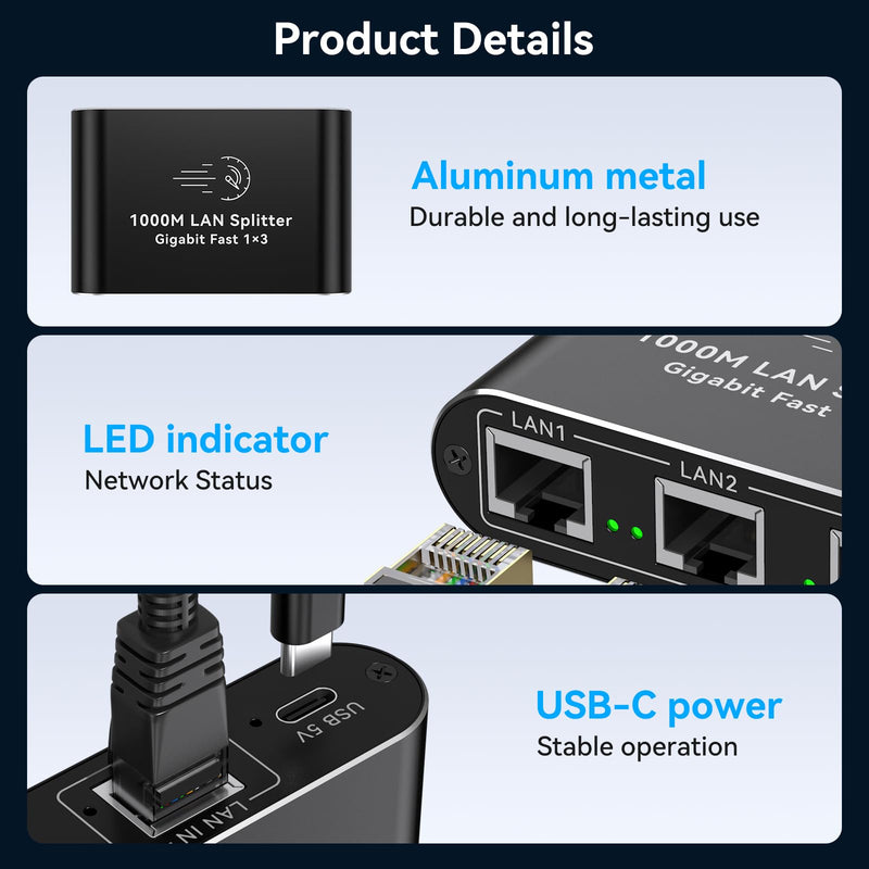 Ethernet Splitter 1 to 3 1000Mbps Internet Cable Splitter 1 in 3 Out High Speed Either Network Splitter Gigabit Dual LAN RJ45 Port Router Switch Work with Cat6/7/8 Cable Ethernet Splitter 1 to 3