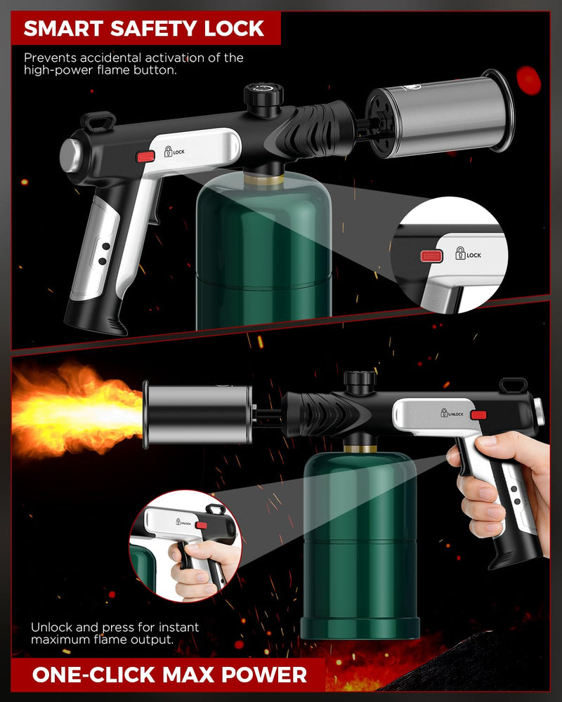 Propane Torch Gun, Weed Torch Propane Burner & Cooking Blow Torch with Safety Lock, One-Touch Max Fire, Adjustable Flame for Searing Steak, BBQ, Charcoal Starter & Weed Burning (Tank Not Included)