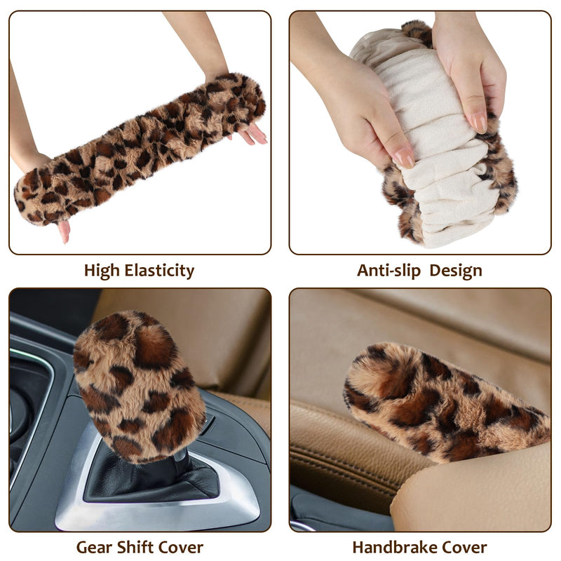 Accmor Fuzzy Car Steering Wheel Cover, Universal Fit Fur Auto Wheel Cover & Handbrake Cover & Gear Shift Cover Set, Leopard Warm Fluffy Vehicle Wheel Protector Car Accessories for Men Women (Brown) Brown/Dark Brown Leopard short hair