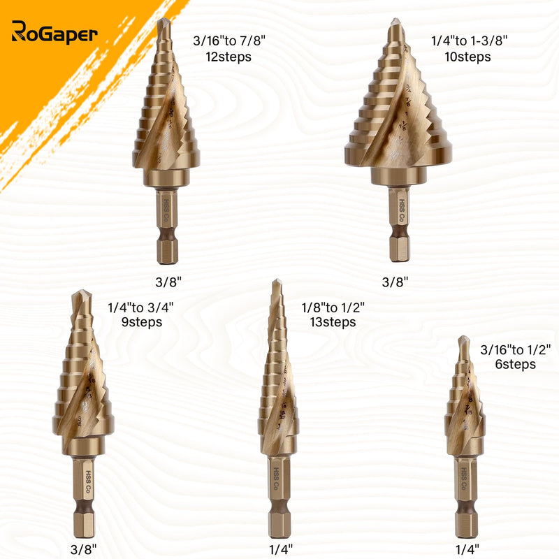 6PC Cobalt Step Drill Bit Set, Hex Shank Step Drill with Two Spiral Flutes and Automatic Center Punch for Metal, Stainless Steel, Aluminum, Wood, and Plastic with Aluminum Case, 50 Sizes M35-6PC