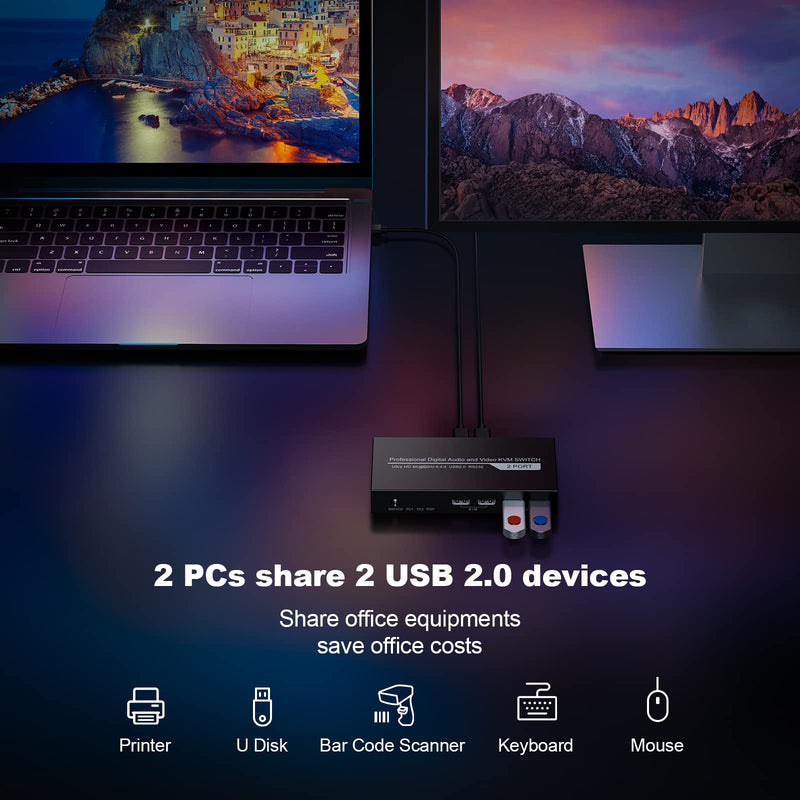 KVM Switch HDMI 2 Port, JCHICI 4K@60Hz USB KVM Switcher for 2 Computers Share 1 HD Monitor and a Set of Keyboard Mouse Printer U Disk