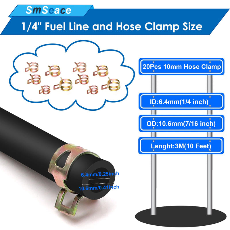 smseace 1/4 Inch10Ft Fuel Line Hose Rubber Fuel Line with 20Pcs Hose Clamps for Small Engines/Snow Machine/Automotive Replacement Fuel Hoses 1/4inch