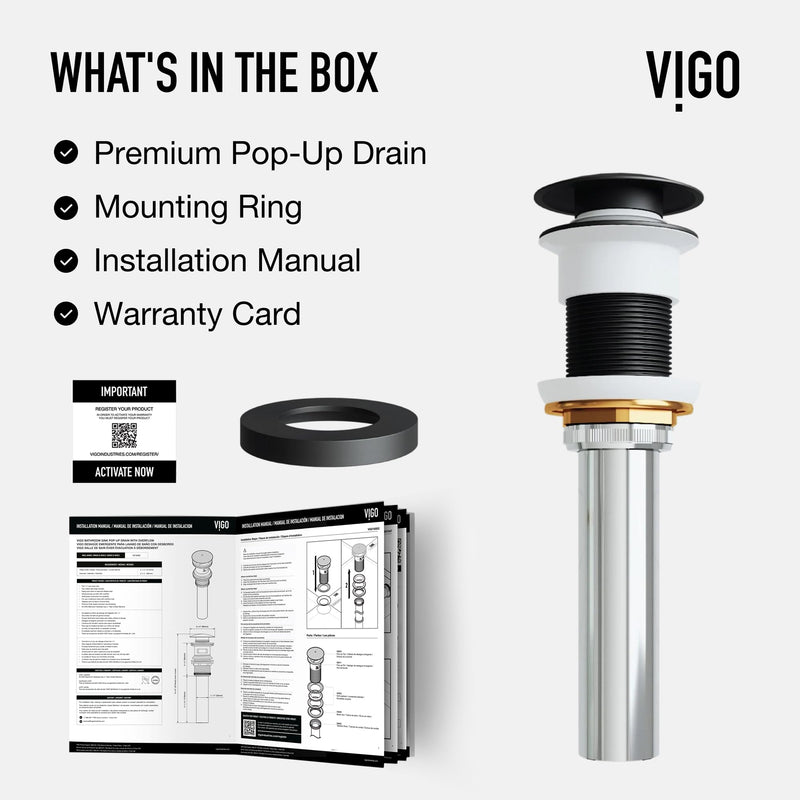 Vigo Bathroom Sink Pop Up Drain Without Overflow, Matte Black Drain Stopper with ClogFree QuickDrain Technology & Matching Mounting Ring