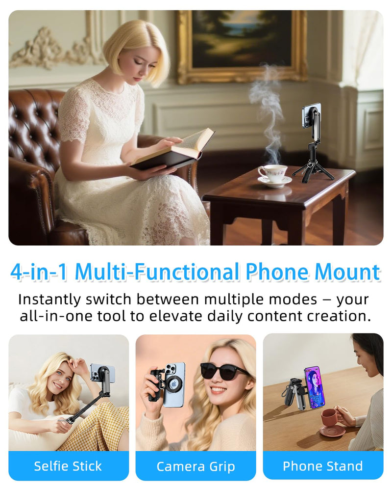 CloudValley Magnetic 4-in-1 Multifunctional Selfie Stick Tripod, Mini Portable Pocket Phone Stand with Detachable Remote, Compatible with MagSafe, for iPhone/Android, Travel Vlog, Live Stream, Black