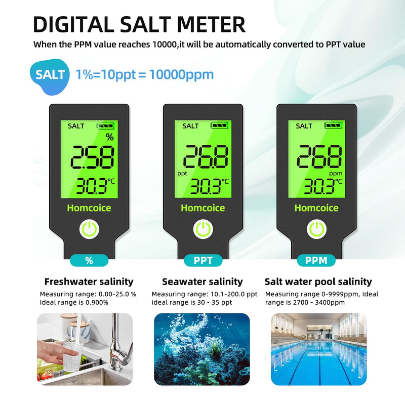 Homcoice PH Meter 5 in 1 Salinity TDS EC Temperature pH Tester Acqua IP67 Waterproof 0.01 high precision digital water quality tester with ATC function