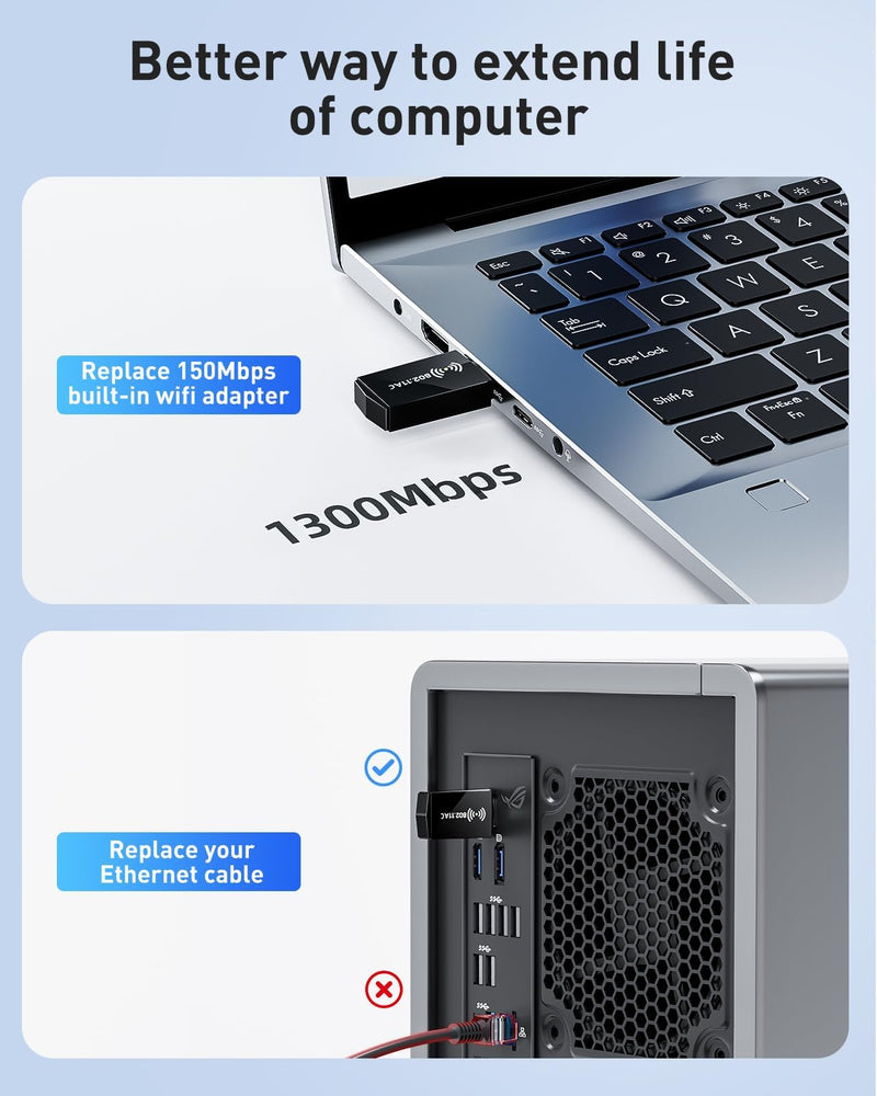 AXOYOXA AC1300 USB WiFi Adapter for Desktop PC & Laptop | Dual Band 2.4G/5G USB 3.0 Wireless Network Dongle with High-Gain Antenna |Win 11/10/7|Fast Gaming & Streaming| Plug-and-Play (Black)