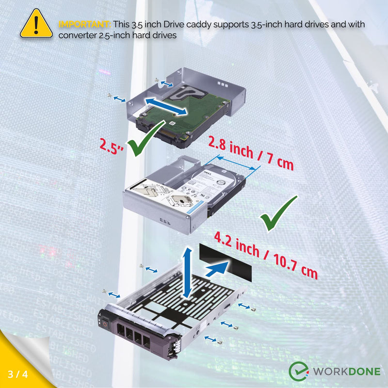 WORKDONE 3.5 inch Hard Drive Caddy Tray Compatible for Dell PowerEdge Servers - with 2.5 inch HDD Adapter NVMe SSD SAS SATA Bracket - Simply and Easy Carrier Setup with Installation Manual 1-PACK