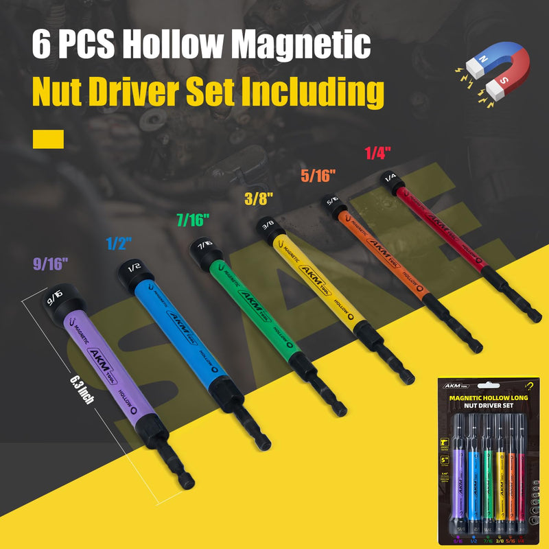 6 PCS Hollow Nut Driver Set, Magnetic nut driver set, Hollow Shaft Nut Driver Set, SAE, Color Coded, Hex Sizes, 1/4 to 9/16-Inch, Nut Setter, Hollow Nut Driver with 5-Inch Extended Reach 6 Pcs Hollow Magnetic Nut Driver