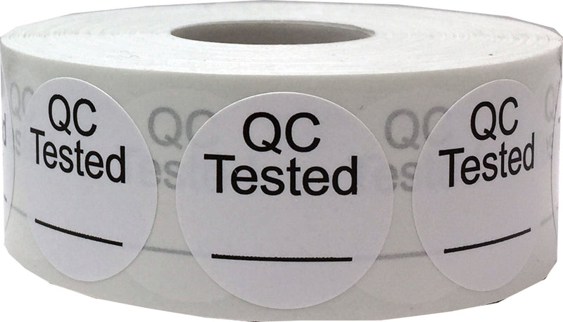 White Circle with Black QC Tested Labels – 1 Inch Round Adhesive Stickers, 500 Labels Per Roll for Quality Control, Inspections, and Inventory Tracking – Made in the USA