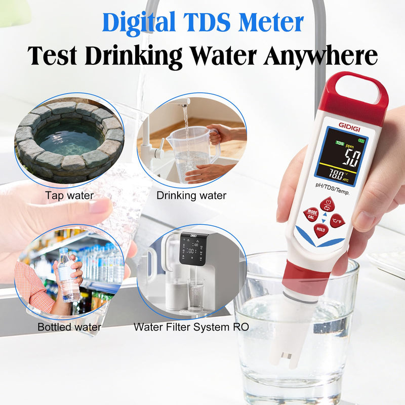 Digital pH Tester for Water, 3 in 1 pH TDS Meter for Drinking Water | 0-9990ppm pH pen with Color Display & Green Probe | AAA Battery Powered Water Tester for Drinking Water, RO/DI System Red+Blue