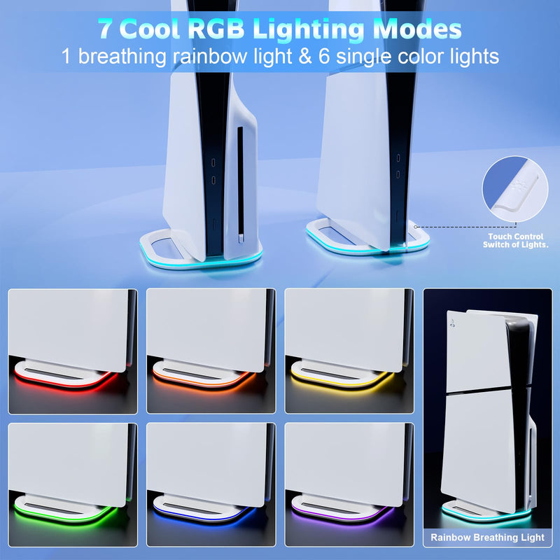 Vertical Stand for PS5/PS5 Slim Consoles, Playstation 5 Vertical Stand with 7 RGB Lights for PS5 Digital/PS5 Disc, PS5 Slim Digital/PS5 Slim Disc Console with Screw,White White
