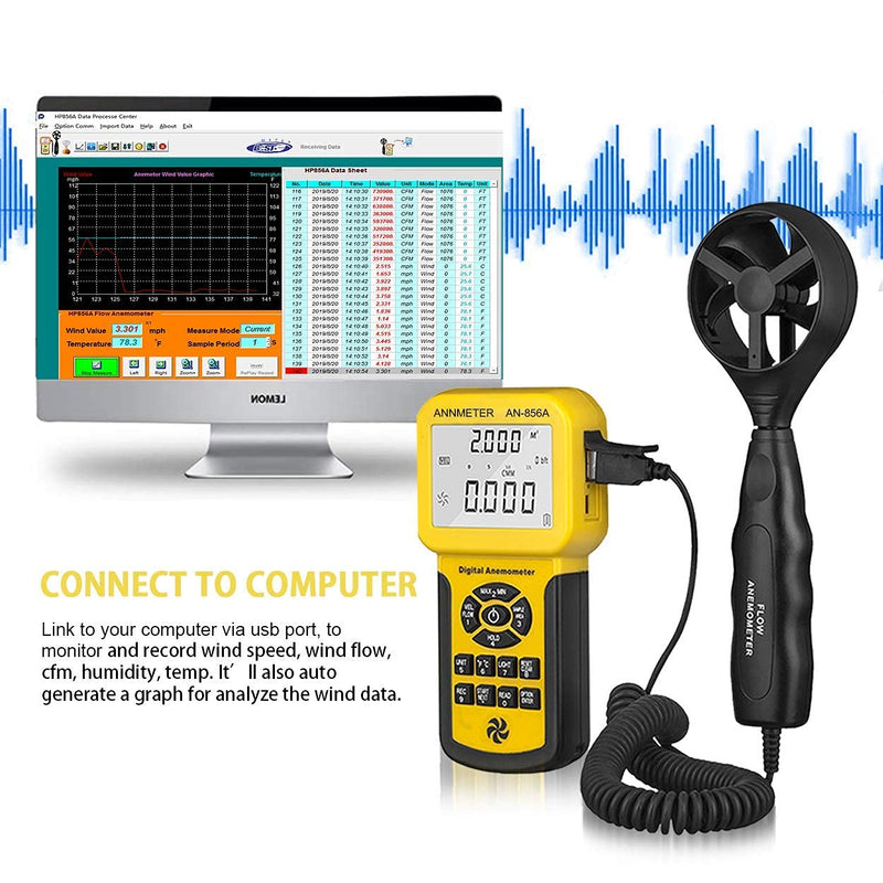 Handheld CFM CMM wind speed meter, separate anemometer measuring air flow speed temp meter for HVAC with data set MAX MIN AVG(AIOMEST AI-856A) AI-856A CFM anemometer w/ USB connect