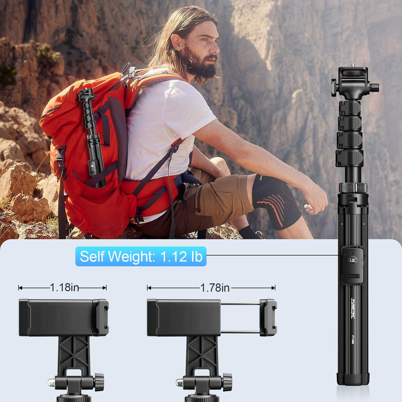 Fugetek 62" Professional Cell Phone Tripod, Ultra Stable 4 Leg Design, Bluetooth Remote, 100% All Aluminum Stick & Legs, Portable All in One, 360° Phone Mount with 2 Cold Shoe Slots, Non Skid Feet Quadrapod