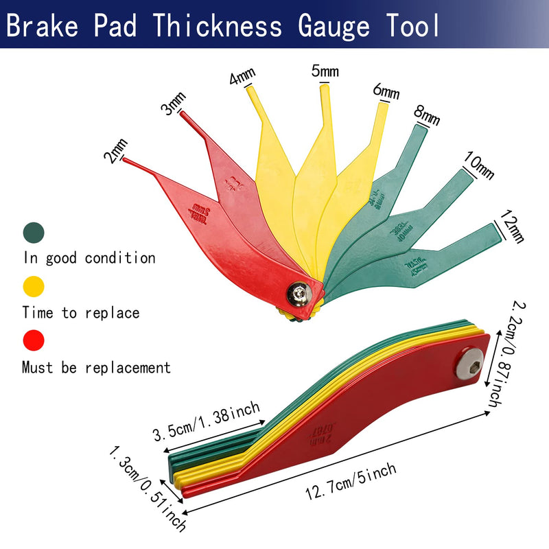 Brake Lining Thickness Gauge, 8 Piece Steel Automotive Brake Pad Measuring Tool, Disc and Drum Brake Lining Gauge Set- Color Coded/SAE & Metric/Durable/Heavy Duty Brake Lining Measuring Tool